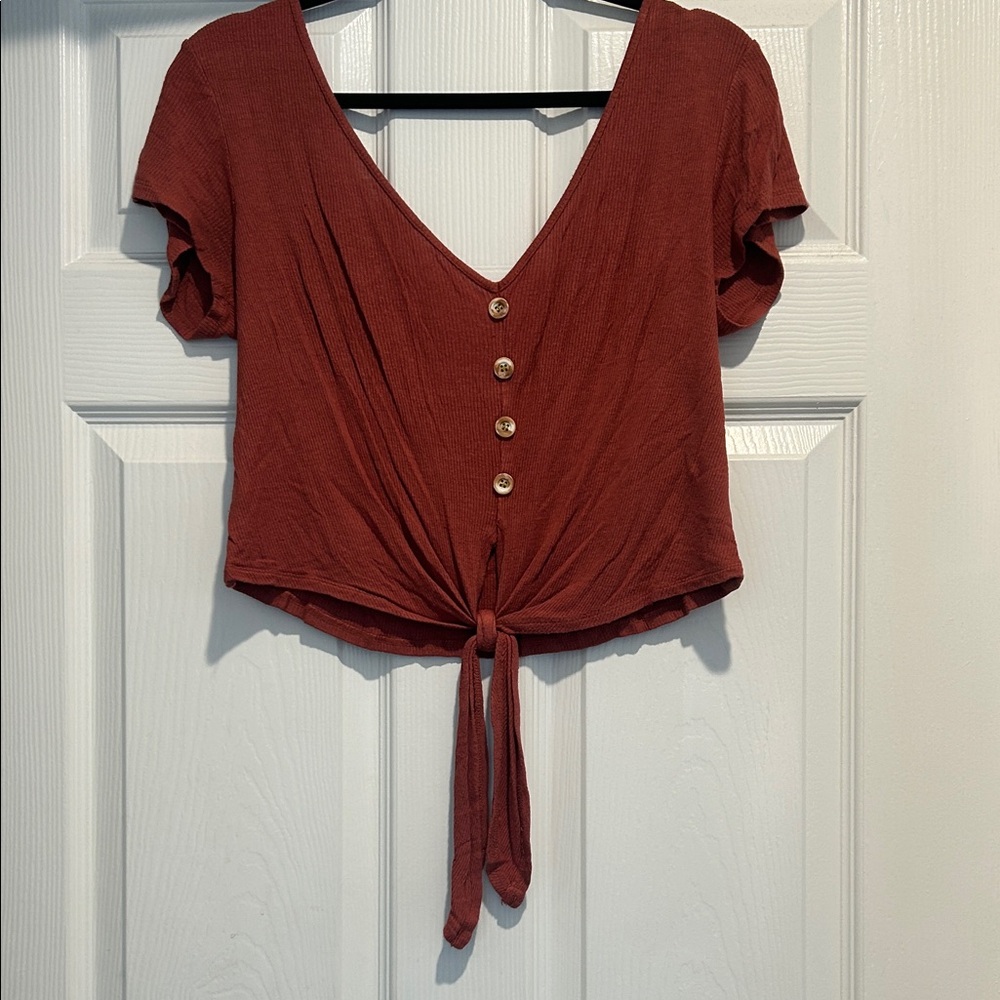 Rust Button-Down Tie-Front Top